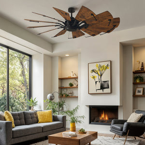 Modern living room featuring the Urban Ambiance UHP9020 Traditional Indoor Ceiling Fan from the Saybrook Collection, architectural bronze finish, paired with a gray sofa, yellow accents, fireplace, built-in shelves, and a window overlooking greenery.