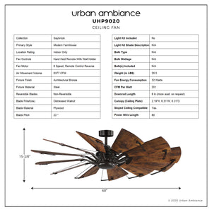 Urban Ambiance UHP9020 Saybrook Collection indoor ceiling fan, 17.3