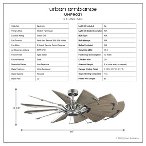 The Urban Ambiance UHP9021 Traditional Indoor Ceiling Fan from the Saybrook Collection features an aged nickel finish with white barnwood blades, a windmill-inspired design in modern farmhouse style, and a 60-inch diameter. Shown on a white background with specifications and measurements, this ceiling fan measures 17.3 inches high by 60 inches wide and includes a remote control.