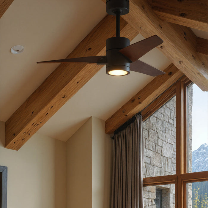UMC9483 Modern Farmhouse Indoor/Outdoor Ceiling Fan, 12" (Plus Downrod) H x 42" W x 42" D, Matte Black Finish, Glimmereach Collection