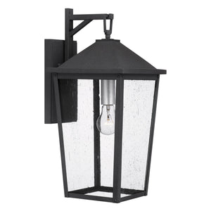 The Urban Ambiance UQL1871 Modern Rustic Outdoor Wall Sconce from the Elmwood Collection features a mottled black finish, clear glass enclosure, visible bulb, rectangular backplate, and durable marine-grade construction (19.75''H x 9.25''W x 11''D).