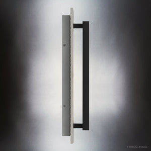 The Urban Ambiance UQL1880 Luxe Industrial Outdoor Wall Sconce from the Burnie Collection features a rectangular design, earth black finish, marine-grade construction, and integrated LED for efficient illumination. Dimensions: 18.25''H x 8''W x 3.75''D.