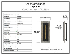 Technical specification sheet for the Urban Ambiance UQL1880 Luxe Industrial Outdoor Wall Sconce, 18.25''H x 8.00''W x 3.75''D, Earth Black finish, Burnie Collection, marine-grade construction, with product image and key features.