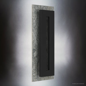 The Urban Ambiance UQL1881 Luxe Industrial Outdoor Wall Sconce from the Burnie Collection features a rectangular earth black fixture, measures 22
