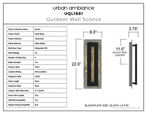 Product specification sheet for the Urban Ambiance UQL1881 Luxe Industrial Outdoor Wall Sconce from the Burnie Collection, 22