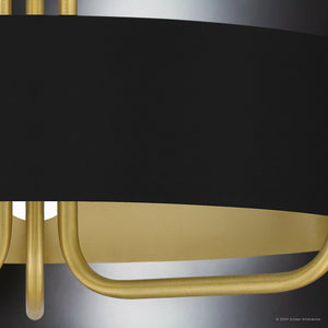 Close-up of the Urban Ambiance UQL5521 Cosmopolitan Indoor Ceiling Light from the Alston Collection, showcasing a black circular shade with aged brass and gold-colored metal accents.