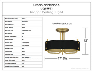A detailed specification sheet for the Urban Ambiance UQL5521 Cosmopolitan Indoor Ceiling Light from the Alston Collection features a contemporary design with an aged brass finish, measuring 12