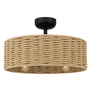 Add a touch of modern bohemian elegance to your decor with the Urban Ambiance UQL9080 Natural Indoor Ceiling Fan. Featuring a woven rope drum shade and two visible light bulbs, this fan from the Bendigo Collection is finished in matte black, making it a stylish addition to any room. With dimensions of 9.25''H x 22.00''W x 22.00''D, it perfectly combines functionality with contemporary design.