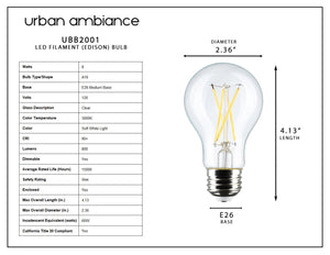 Diagram showing Urban Ambiance UBB2001 4-Pack Luxury LED Bulbs, Vintage Edison A19 shape, E26 base, 3000K soft white, 60W equivalent—perfect for stylish lighting.