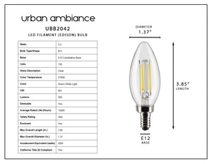 Urban Ambiance UBB2042 4-pack luxury LED bulbs, B11 shape, E12 candelabra base, 60W equivalent, vintage Edison style, 2700K warm white; shown with specifications table.