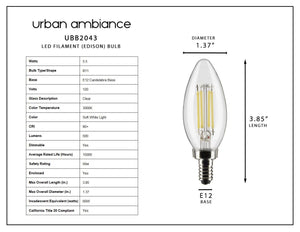 The Urban Ambiance UBB2043 4-pack features luxury LED candelabra bulbs—B11 shape, E12 base, vintage Edison style—each measuring 3.85