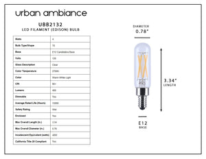 Urban Ambiance UBB2132 4-pack luxury LED bulbs, vintage Edison T6 shape, E12 candelabra base, 40W equivalent, warm 2700K light. Includes detailed specs on wattage, color temperature, CRI, dimensions & bulb design diagram.