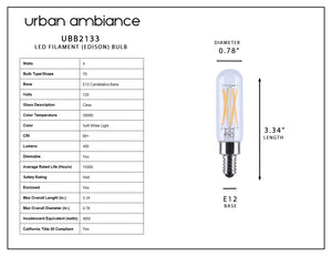 Diagram showing specs for Urban Ambiance UBB2133 - 4-PACK Luxury LED Bulbs: 40W equivalent, Vintage Edison Style, T6 shape, E12 candelabra base, soft white 3000K color temperature.