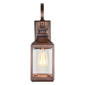The Urban Ambiance UFS1000 Transitional Outdoor Wall Sconce, 15''H x 5.5''W, features genuine copper in a dark-patina finish from the Calderdale Collection—an elegant update for your outdoor space.