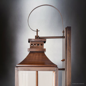 The Urban Ambiance UFS1002 Calderdale Collection Outdoor Wall Sconce features genuine copper with a dark-patina finish in a classic transitional design, measuring 28.5''H x 9.5''W, perfect for outdoor wall mounting.