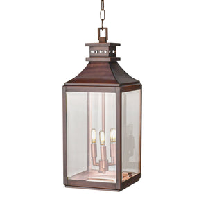 The Urban Ambiance UFS1004 Calderdale Collection pendant light features a rectangular, dark-patina genuine copper frame with clear glass panels and three exposed bulbs, measuring 26.5