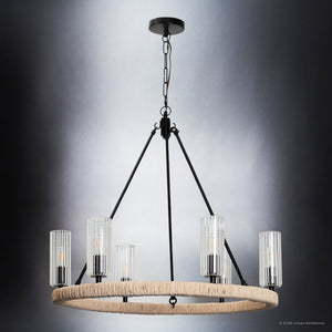 Urban Ambiance - Chandelier - UFS2030 Coastal Indoor Chandelier, 24''H x 27''W x 27''Dep, Fluted/Ribbed Glass Shades, Matte Black Finish with Oatmeal Raffia Wrap, Ashwhim Collection -