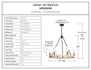 Urban Ambiance - Chandelier - UFS2030 Coastal Indoor Chandelier, 24''H x 27''W x 27''Dep, Fluted/Ribbed Glass Shades, Matte Black Finish with Oatmeal Raffia Wrap, Ashwhim Collection -