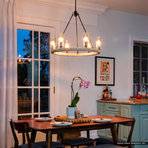 Urban Ambiance - Chandelier - UFS2030 Coastal Indoor Chandelier, 24''H x 27''W x 27''Dep, Fluted/Ribbed Glass Shades, Matte Black Finish with Oatmeal Raffia Wrap, Ashwhim Collection -
