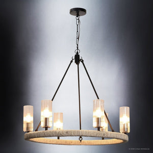 Urban Ambiance - Chandelier - UFS2030 Coastal Indoor Chandelier, 24''H x 27''W x 27''Dep, Fluted/Ribbed Glass Shades, Matte Black Finish with Oatmeal Raffia Wrap, Ashwhim Collection -