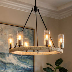 Urban Ambiance - Chandelier - UFS2030 Coastal Indoor Chandelier, 24''H x 27''W x 27''Dep, Fluted/Ribbed Glass Shades, Matte Black Finish with Oatmeal Raffia Wrap, Ashwhim Collection -