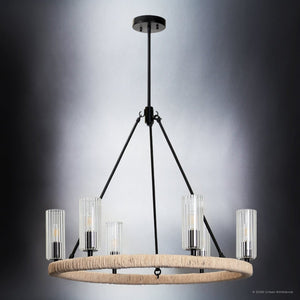 Urban Ambiance - Chandelier - UFS2030 Coastal Indoor Chandelier, 24''H x 27''W x 27''Dep, Fluted/Ribbed Glass Shades, Matte Black Finish with Oatmeal Raffia Wrap, Ashwhim Collection -