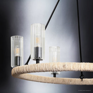 Urban Ambiance - Chandelier - UFS2030 Coastal Indoor Chandelier, 24''H x 27''W x 27''Dep, Fluted/Ribbed Glass Shades, Matte Black Finish with Oatmeal Raffia Wrap, Ashwhim Collection -