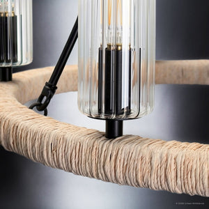 Urban Ambiance - Chandelier - UFS2030 Coastal Indoor Chandelier, 24''H x 27''W x 27''Dep, Fluted/Ribbed Glass Shades, Matte Black Finish with Oatmeal Raffia Wrap, Ashwhim Collection -