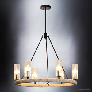 Urban Ambiance - Chandelier - UFS2030 Coastal Indoor Chandelier, 24''H x 27''W x 27''Dep, Fluted/Ribbed Glass Shades, Matte Black Finish with Oatmeal Raffia Wrap, Ashwhim Collection -