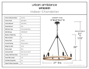 Urban Ambiance - Chandelier - UFS2031 Coastal Indoor Chandelier, 24''H x 27''W x 27''Dep, Matte Black Finish with Oatmeal Raffia Wrap, Ashwhim Collection -