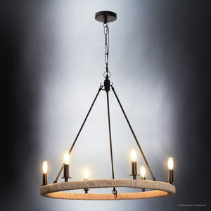Urban Ambiance - Chandelier - UFS2031 Coastal Indoor Chandelier, 24''H x 27''W x 27''Dep, Matte Black Finish with Oatmeal Raffia Wrap, Ashwhim Collection -