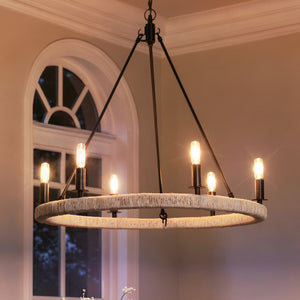 Urban Ambiance - Chandelier - UFS2031 Coastal Indoor Chandelier, 24''H x 27''W x 27''Dep, Matte Black Finish with Oatmeal Raffia Wrap, Ashwhim Collection -