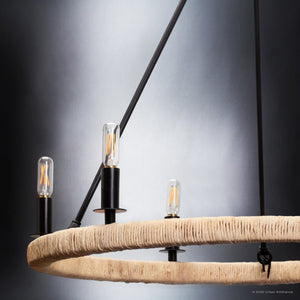 Urban Ambiance - Chandelier - UFS2031 Coastal Indoor Chandelier, 24''H x 27''W x 27''Dep, Matte Black Finish with Oatmeal Raffia Wrap, Ashwhim Collection -