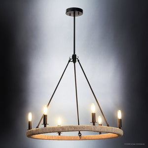 Urban Ambiance - Chandelier - UFS2031 Coastal Indoor Chandelier, 24''H x 27''W x 27''Dep, Matte Black Finish with Oatmeal Raffia Wrap, Ashwhim Collection -