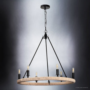 Urban Ambiance - Chandelier - UFS2031 Coastal Indoor Chandelier, 24''H x 27''W x 27''Dep, Matte Black Finish with Oatmeal Raffia Wrap, Ashwhim Collection -