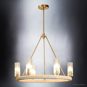 Urban Ambiance - Chandelier - UFS2032 Coastal Indoor Chandelier, 24''H x 27''W x 27''Dep, Fluted/Ribbed Glass Shades, Brushed Brass Finish with Oatmeal Raffia Wrap, Ashwhim Collection -