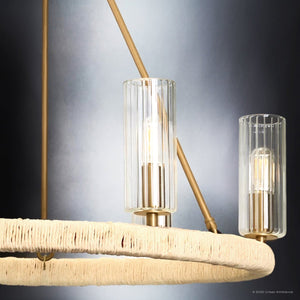 Urban Ambiance - Chandelier - UFS2032 Coastal Indoor Chandelier, 24''H x 27''W x 27''Dep, Fluted/Ribbed Glass Shades, Brushed Brass Finish with Oatmeal Raffia Wrap, Ashwhim Collection -