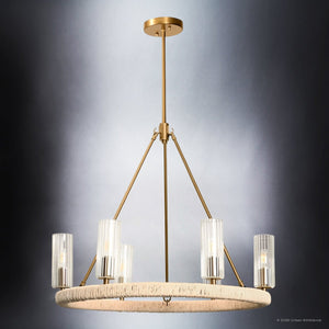 Urban Ambiance - Chandelier - UFS2032 Coastal Indoor Chandelier, 24''H x 27''W x 27''Dep, Fluted/Ribbed Glass Shades, Brushed Brass Finish with Oatmeal Raffia Wrap, Ashwhim Collection -