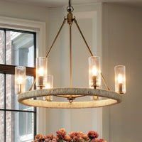 Urban Ambiance - Chandelier - UFS2032 Coastal Indoor Chandelier, 24''H x 27''W x 27''Dep, Fluted/Ribbed Glass Shades, Brushed Brass Finish with Oatmeal Raffia Wrap, Ashwhim Collection -