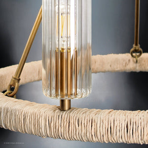 Urban Ambiance - Chandelier - UFS2032 Coastal Indoor Chandelier, 24''H x 27''W x 27''Dep, Fluted/Ribbed Glass Shades, Brushed Brass Finish with Oatmeal Raffia Wrap, Ashwhim Collection -