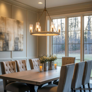 Urban Ambiance - Chandelier - UFS2032 Coastal Indoor Chandelier, 24''H x 27''W x 27''Dep, Fluted/Ribbed Glass Shades, Brushed Brass Finish with Oatmeal Raffia Wrap, Ashwhim Collection -