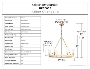 Urban Ambiance - Chandelier - UFS2032 Coastal Indoor Chandelier, 24''H x 27''W x 27''Dep, Fluted/Ribbed Glass Shades, Brushed Brass Finish with Oatmeal Raffia Wrap, Ashwhim Collection -