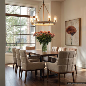 Urban Ambiance - Chandelier - UFS2032 Coastal Indoor Chandelier, 24''H x 27''W x 27''Dep, Fluted/Ribbed Glass Shades, Brushed Brass Finish with Oatmeal Raffia Wrap, Ashwhim Collection -