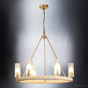 Urban Ambiance - Chandelier - UFS2032 Coastal Indoor Chandelier, 24''H x 27''W x 27''Dep, Fluted/Ribbed Glass Shades, Brushed Brass Finish with Oatmeal Raffia Wrap, Ashwhim Collection -