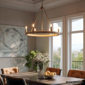 Urban Ambiance - Chandelier - UFS2033 Coastal Indoor Chandelier, 24''H x 27''W x 27''Dep, Brushed Brass Finish with Oatmeal Raffia Wrap, Ashwhim Collection -