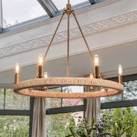 Urban Ambiance - Chandelier - UFS2033 Coastal Indoor Chandelier, 24''H x 27''W x 27''Dep, Brushed Brass Finish with Oatmeal Raffia Wrap, Ashwhim Collection -