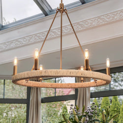 Urban Ambiance - Chandelier - UFS2033 Coastal Indoor Chandelier, 24''H x 27''W x 27''Dep, Brushed Brass Finish with Oatmeal Raffia Wrap, Ashwhim Collection -