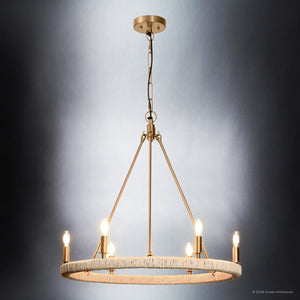 Urban Ambiance - Chandelier - UFS2033 Coastal Indoor Chandelier, 24''H x 27''W x 27''Dep, Brushed Brass Finish with Oatmeal Raffia Wrap, Ashwhim Collection -