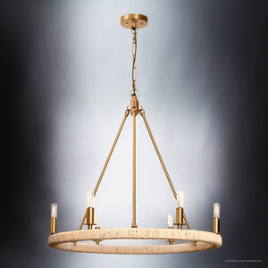 Urban Ambiance - Chandelier - UFS2033 Coastal Indoor Chandelier, 24''H x 27''W x 27''Dep, Brushed Brass Finish with Oatmeal Raffia Wrap, Ashwhim Collection -
