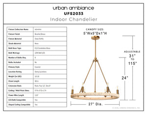 Urban Ambiance - Chandelier - UFS2033 Coastal Indoor Chandelier, 24''H x 27''W x 27''Dep, Brushed Brass Finish with Oatmeal Raffia Wrap, Ashwhim Collection -